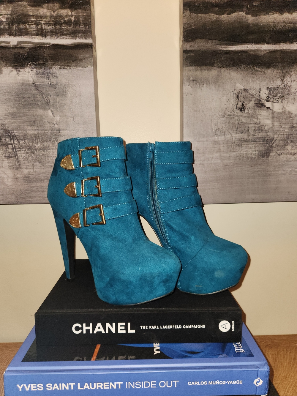 Shi By Journeys Teal Suede Platform Ankle Booties with Buckles Size 9